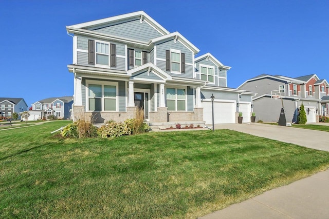 view of front facade featuring a porch, concrete driveway, a garage, a residential view, and a front lawn