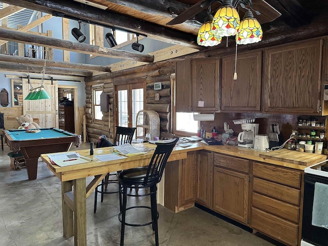 kitchen with electric stove, beam ceiling, log walls, pool table, and high vaulted ceiling