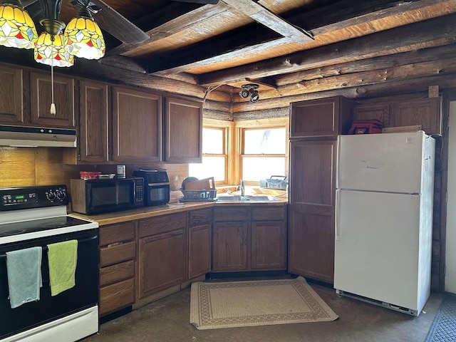 kitchen featuring rustic walls, white appliances, light countertops, under cabinet range hood, and a sink