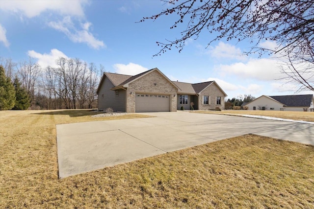 ranch-style house with a front lawn, brick siding, driveway, and an attached garage