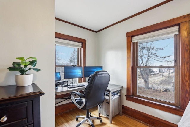 office featuring a healthy amount of sunlight, light wood finished floors, and crown molding