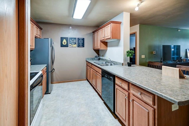 kitchen with white electric range oven, black dishwasher, brown cabinetry, and a sink