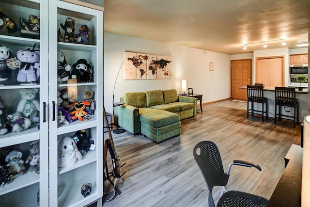 living area with light wood-type flooring, rail lighting, and baseboards