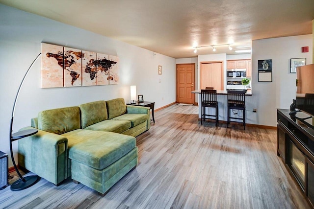 living room featuring rail lighting, light wood-style flooring, and baseboards