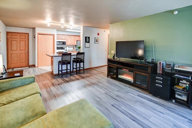 living room with light wood finished floors and baseboards