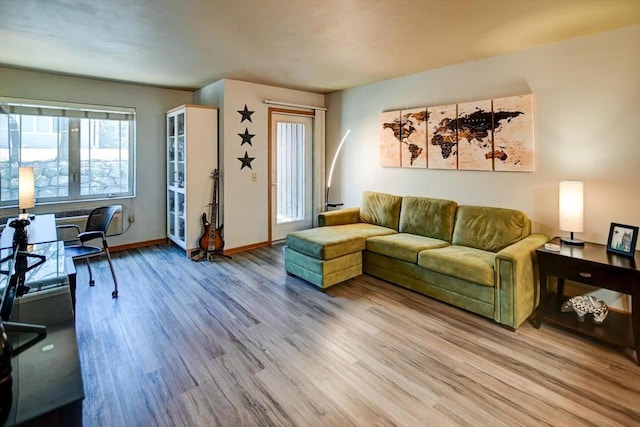 living area featuring wood finished floors and baseboards