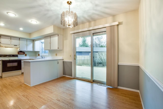 kitchen with light wood finished floors, a peninsula, electric range, and a wealth of natural light