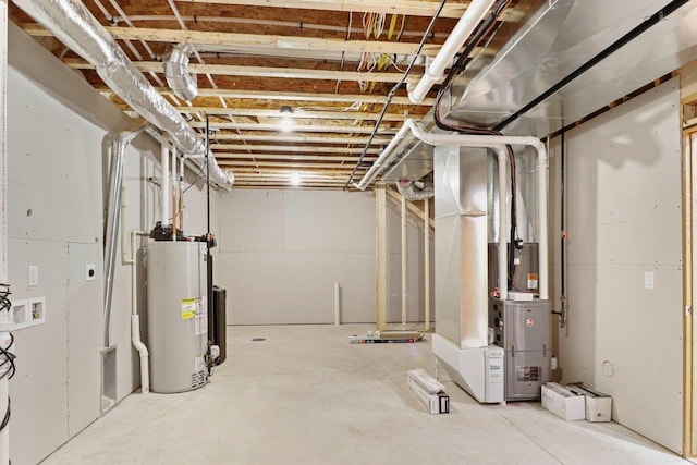 unfinished basement with heating unit and gas water heater