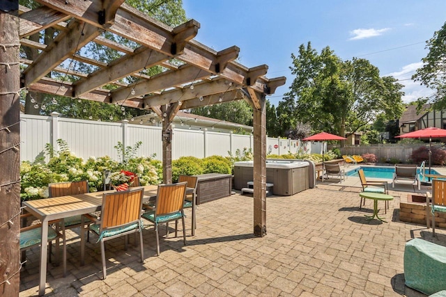 view of patio / terrace with outdoor dining area, a fenced backyard, a fenced in pool, a pergola, and a hot tub