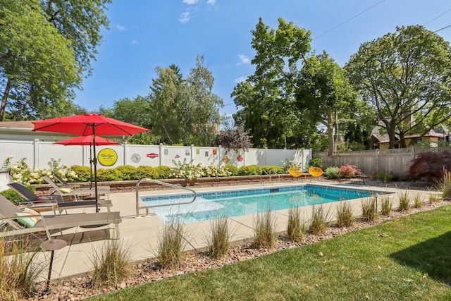 view of swimming pool with a lawn, a fenced backyard, and a fenced in pool