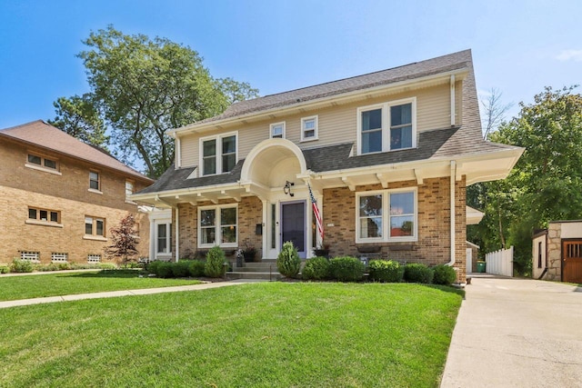 view of front of home featuring a front yard, brick siding, driveway, and roof with shingles