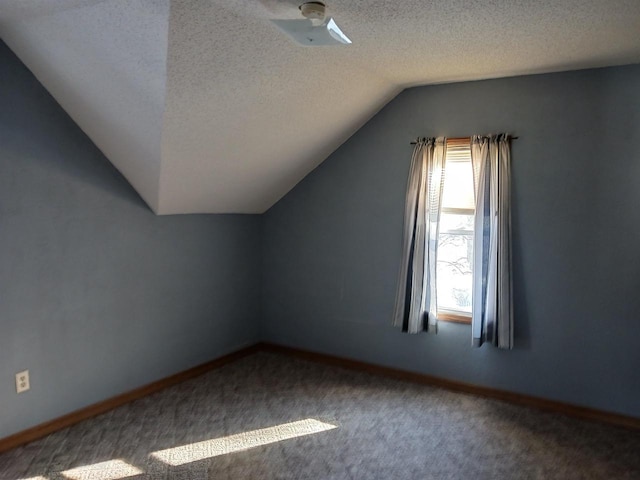 additional living space featuring carpet floors, baseboards, vaulted ceiling, and a textured ceiling