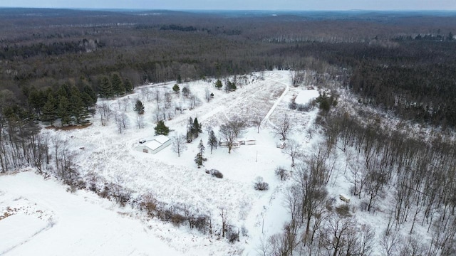 snowy aerial view with a forest view