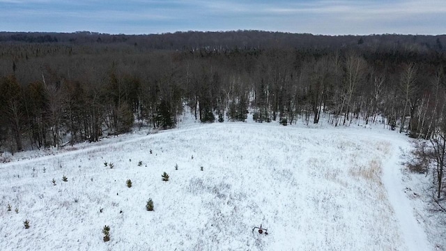 snowy aerial view with a view of trees