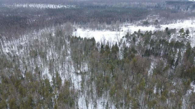 snowy aerial view with a wooded view