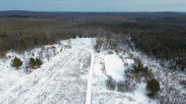 snowy aerial view with a wooded view