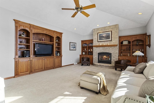 living room featuring recessed lighting, light colored carpet, vaulted ceiling, ceiling fan, and baseboards