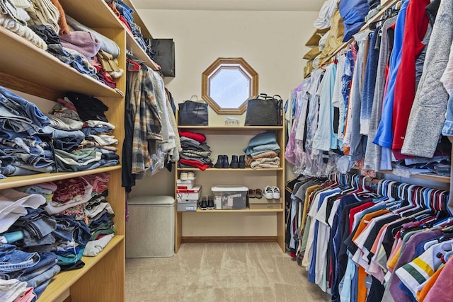 walk in closet with light carpet