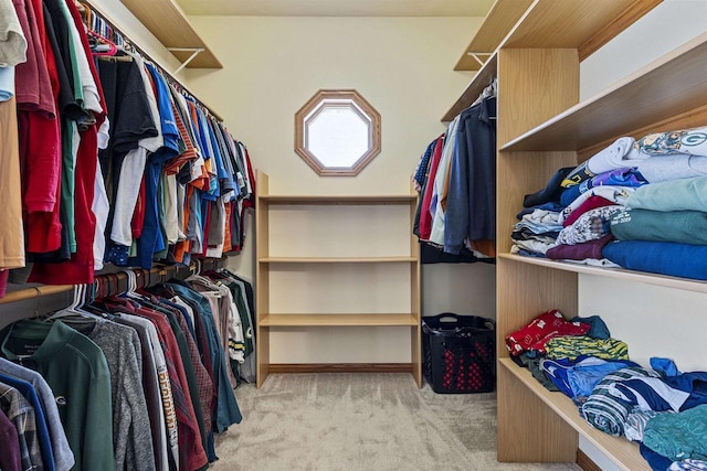 walk in closet with light colored carpet