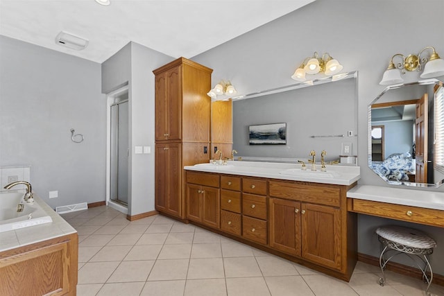 full bath with a stall shower, tile patterned flooring, a sink, and visible vents