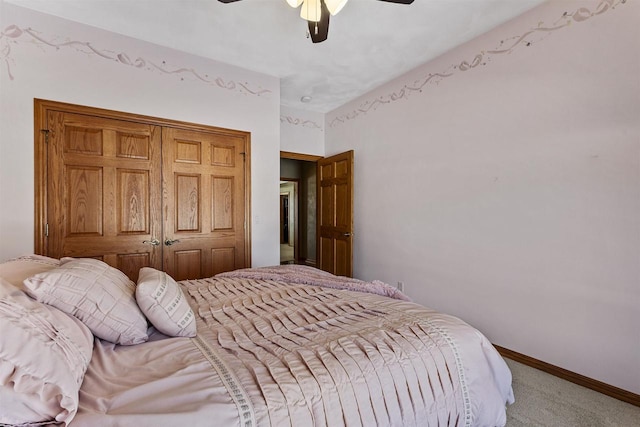 bedroom featuring carpet, ceiling fan, and baseboards