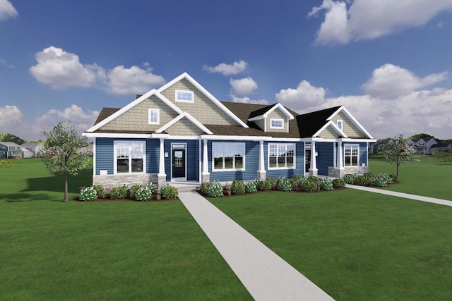 craftsman house featuring stone siding and a front lawn