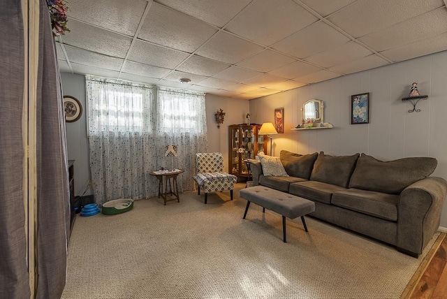 living room with carpet and a drop ceiling