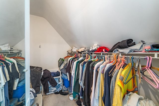 walk in closet with lofted ceiling and carpet flooring