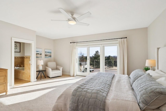 bedroom with light colored carpet, connected bathroom, ceiling fan, access to outside, and baseboards