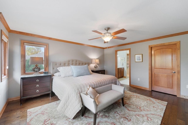 bedroom with crown molding, baseboards, and dark wood-style flooring