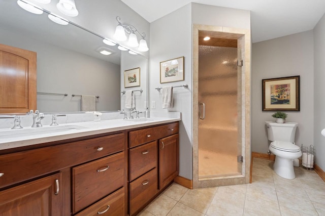 bathroom with toilet, a shower stall, a sink, and tile patterned floors