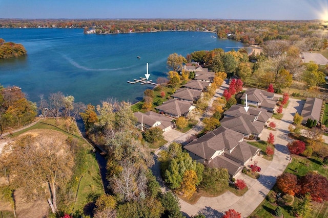 bird's eye view featuring a water view and a residential view