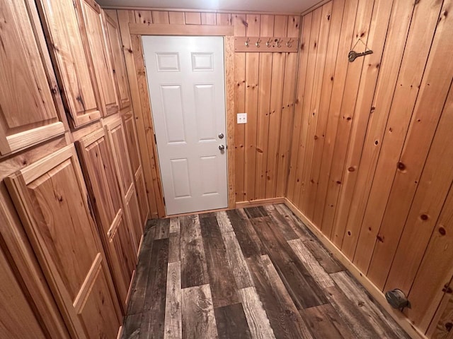 doorway with wood walls, baseboards, and dark wood-style flooring