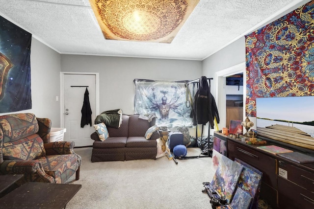 living area with ornamental molding, carpet, and a textured ceiling