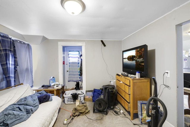 carpeted living area with ornamental molding