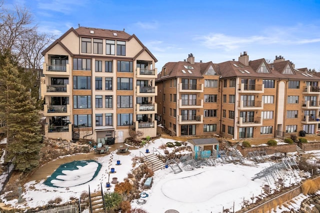 view of snow covered building