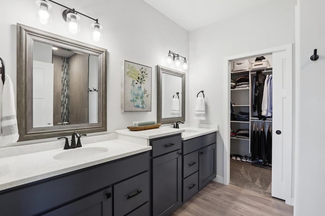 bathroom with a walk in closet, two vanities, and a sink