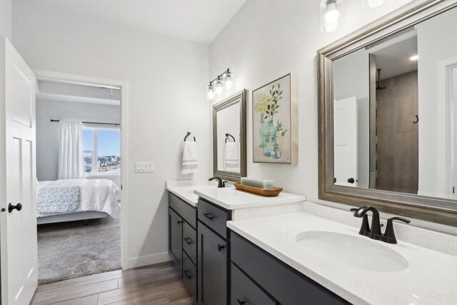 ensuite bathroom featuring ensuite bathroom, two vanities, a sink, and wood finished floors