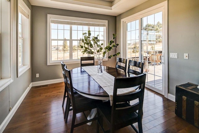 dining space with baseboards and dark wood finished floors