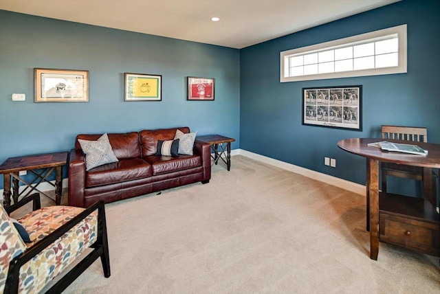 living room featuring light carpet, recessed lighting, and baseboards