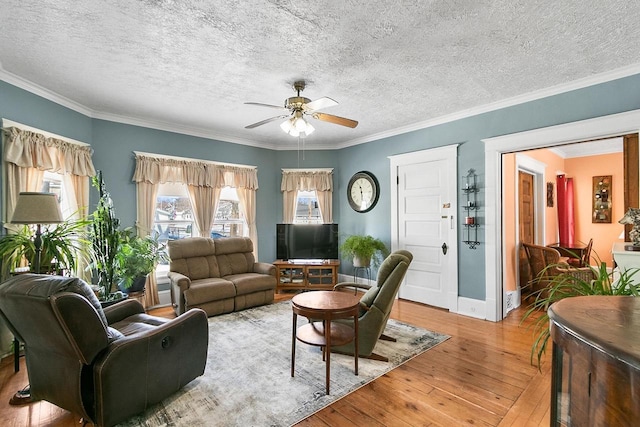 355 W Mill St, Columbus, WI 53925 - living area with light wood-style floors, ceiling fan, ornamental molding, and a textured ceiling