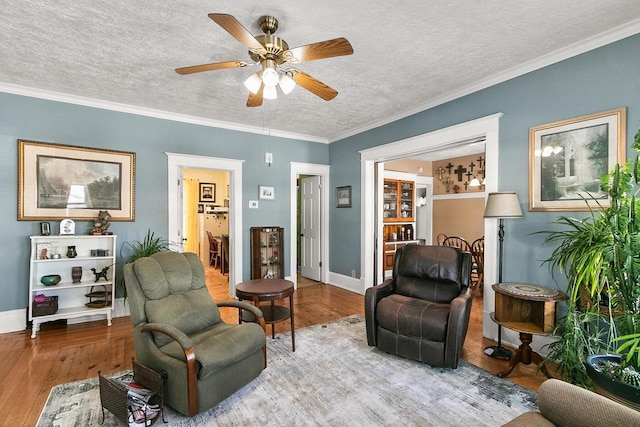 355 W Mill St, Columbus, WI 53925 - living room featuring a textured ceiling, wood finished floors, ceiling fan, and ornamental molding