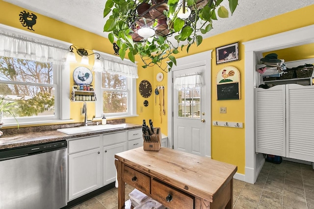 355 W Mill St, Columbus, WI 53925 - kitchen with dishwasher, white cabinets, a textured ceiling, and stone finish floors