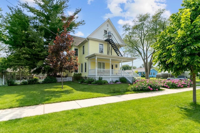355 W Mill St, Columbus, WI 53925 - view of front of house with a porch, a front lawn, and stairway