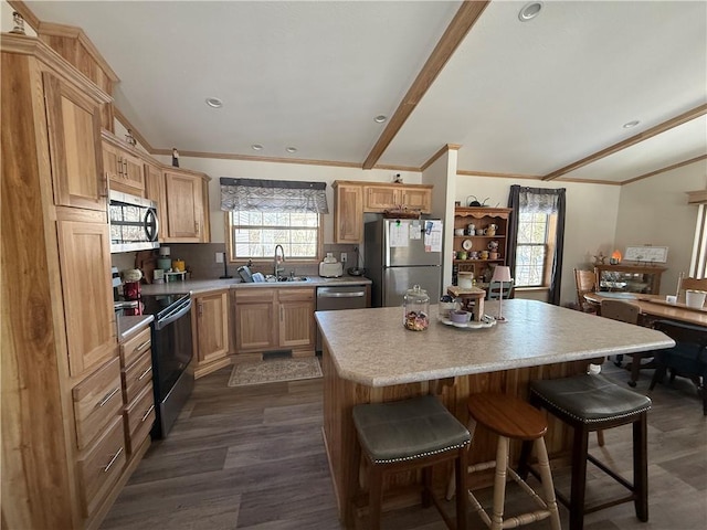 kitchen with dark wood finished floors, a kitchen island, stainless steel appliances, light countertops, and a sink