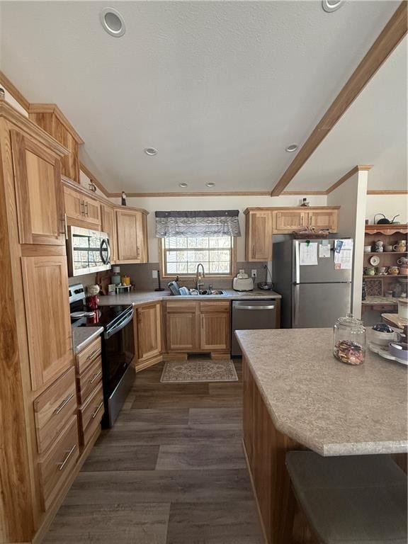 kitchen with dark wood-style floors, appliances with stainless steel finishes, light countertops, and a sink