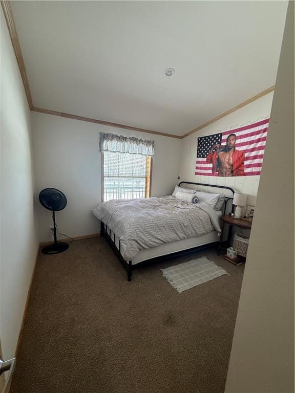 carpeted bedroom featuring ornamental molding