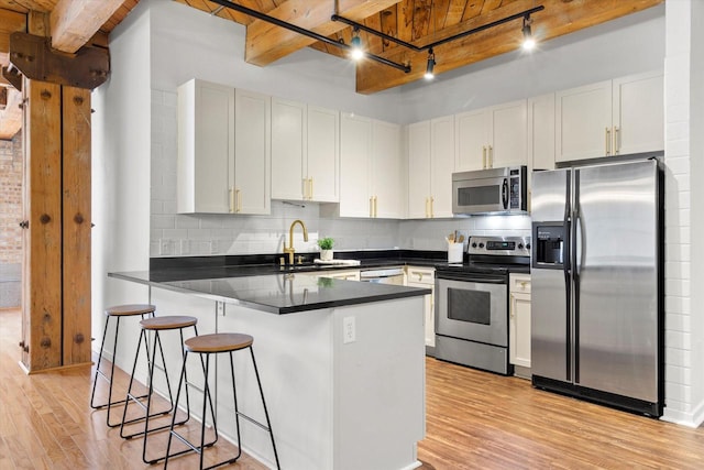 kitchen with stainless steel appliances, a peninsula, a sink, white cabinets, and dark countertops