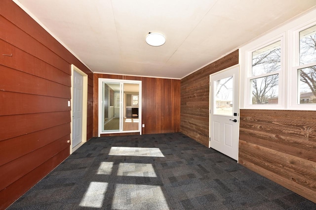 doorway to outside featuring wood walls and dark carpet