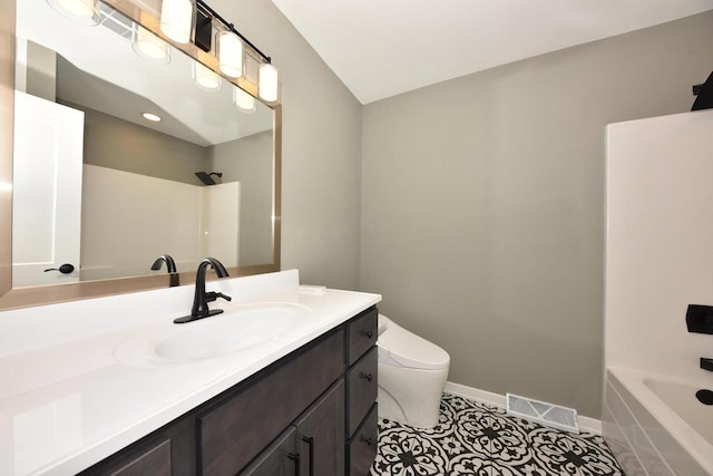 full bathroom with baseboards, visible vents, toilet, tile patterned flooring, and vanity